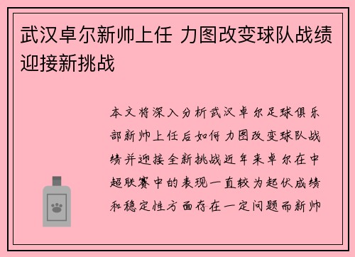 武汉卓尔新帅上任 力图改变球队战绩迎接新挑战