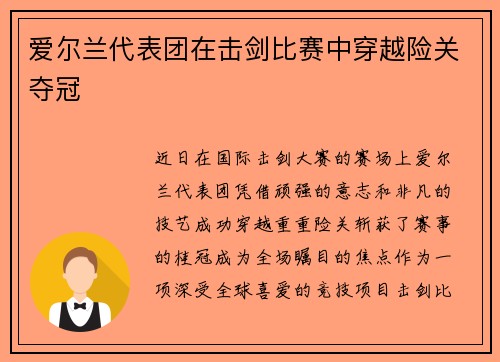 爱尔兰代表团在击剑比赛中穿越险关夺冠