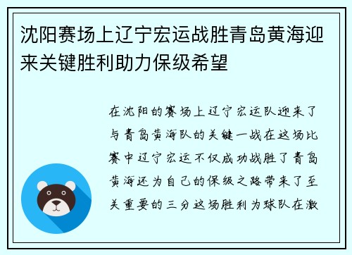 沈阳赛场上辽宁宏运战胜青岛黄海迎来关键胜利助力保级希望