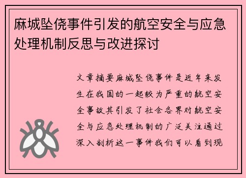 麻城坠侥事件引发的航空安全与应急处理机制反思与改进探讨
