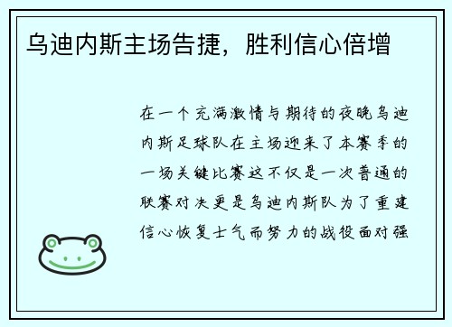 乌迪内斯主场告捷，胜利信心倍增