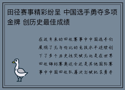 田径赛事精彩纷呈 中国选手勇夺多项金牌 创历史最佳成绩