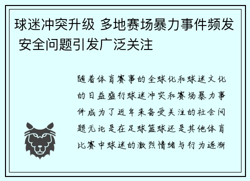 球迷冲突升级 多地赛场暴力事件频发 安全问题引发广泛关注